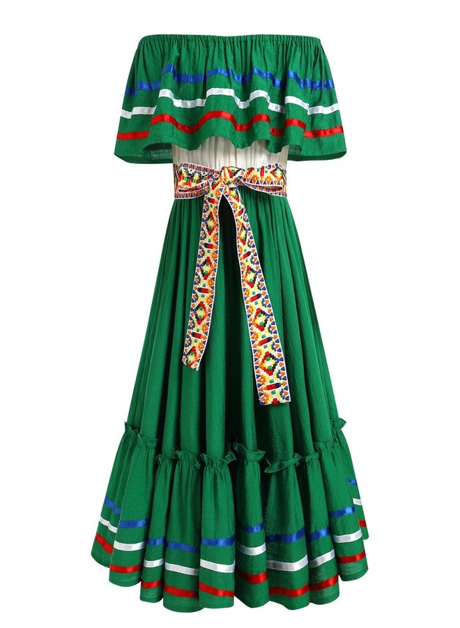 ODIZLI Mexican Dress for Girls Traditional Cinco de Mayo Fiesta Dresses for Toddler Girl Off-Shoulder Sleeveless Kids Vestidos Tipicos Mexicanos Flamenco Dress Ruffle Drape A Line Dress Green 9-10 Years - Image 2